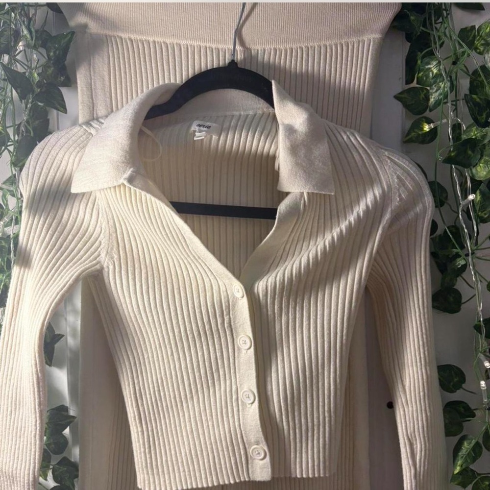 Aerie Cream Ribbed Button-Down Shirt